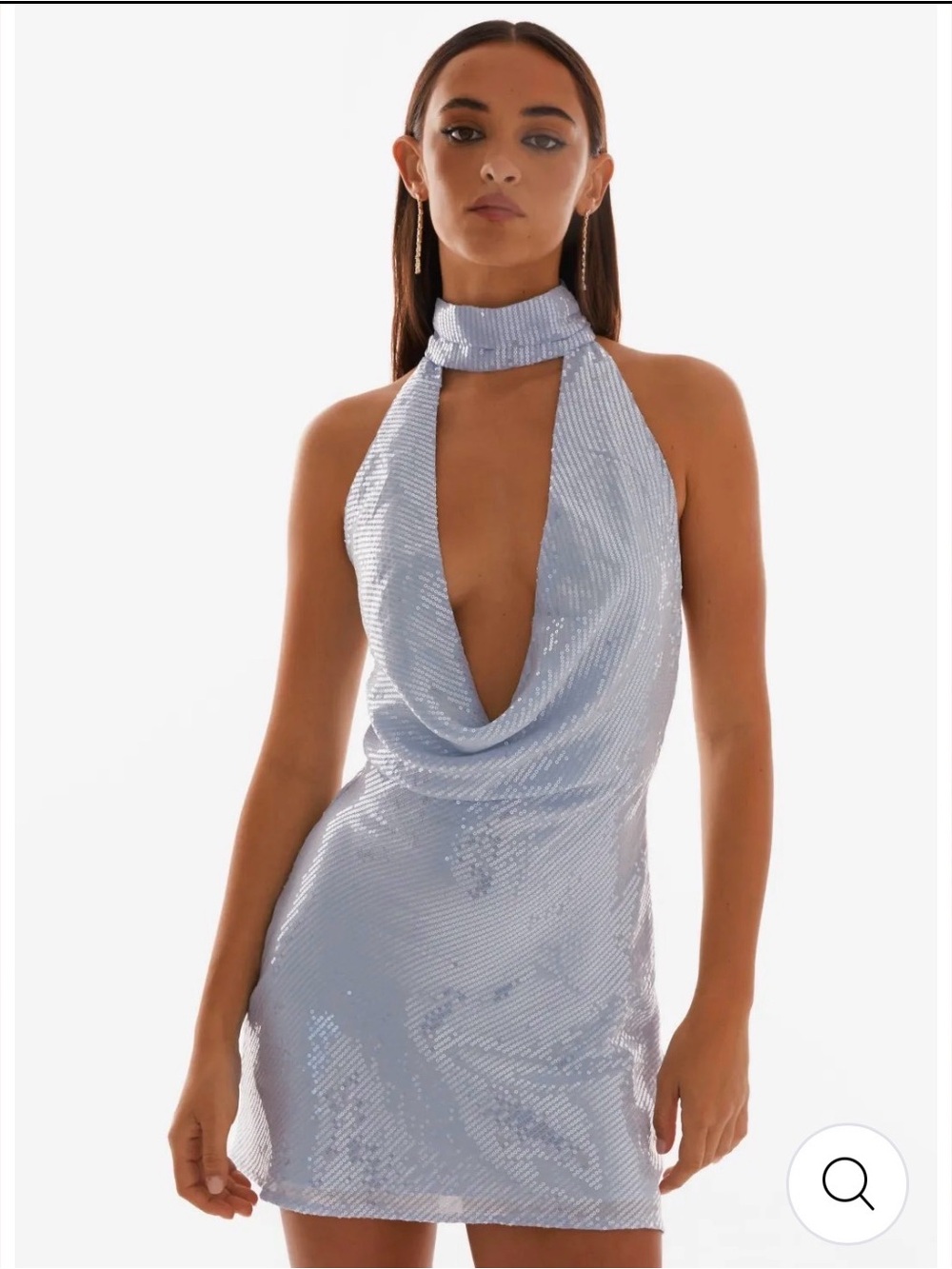 Peppermayo Light Blue Sequin Halter Cowl Mini Dress